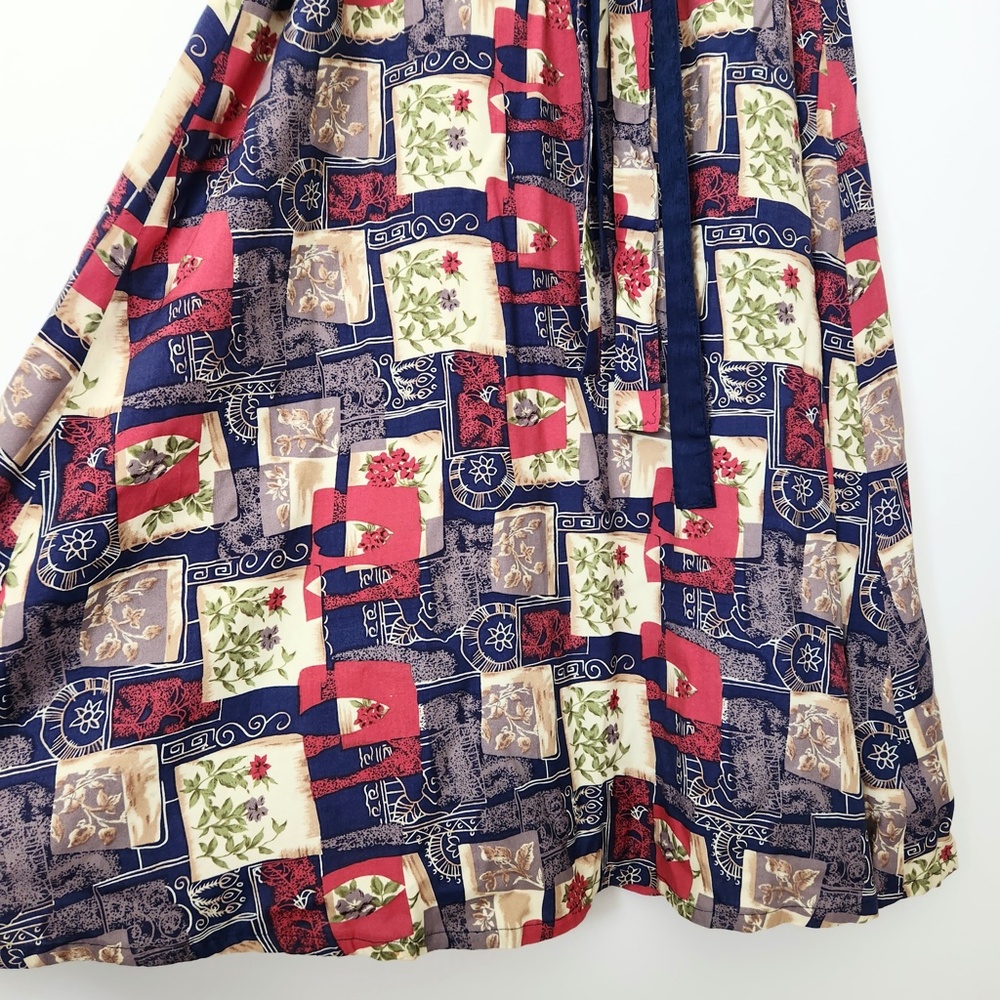 Vtg Patchwork Midi Dress Handmade Belted Blue Red Large 80s Does 50s Modest - Picture 4 of 16